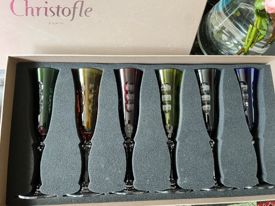 Rare série de 6 Flûtes à champagne cristal Christofle collection Kawali avec boîte