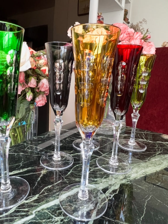 Rare série de 6 Flûtes à champagne cristal Christofle collection Kawali avec boîte