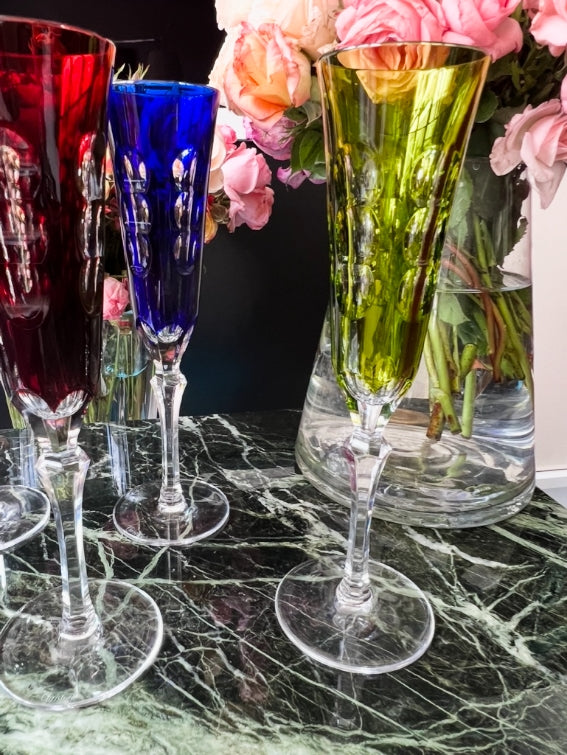 Rare série de 6 Flûtes à champagne cristal Christofle collection Kawali avec boîte