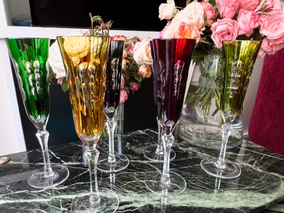 Rare série de 6 Flûtes à champagne cristal Christofle collection Kawali avec boîte