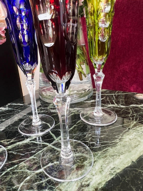 Rare série de 6 Flûtes à champagne cristal Christofle collection Kawali avec boîte